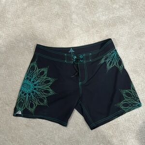 Prana women  surf swim short black, blue green design, size med true to size